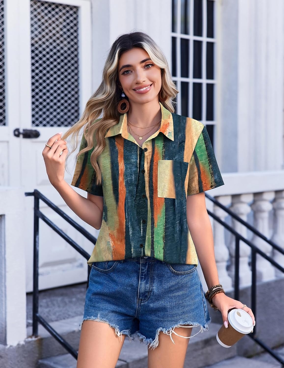 image:imageZeagoo Womens Button Down Shirt Bust Pocket Short Sleeve Blouses Summer TopStripes Multicolor 289