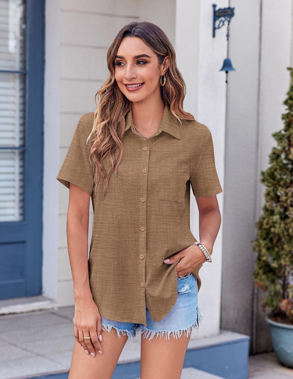 image:imageZeagoo Womens Button Down Shirt Bust Pocket Short Sleeve Blouses Summer TopTan