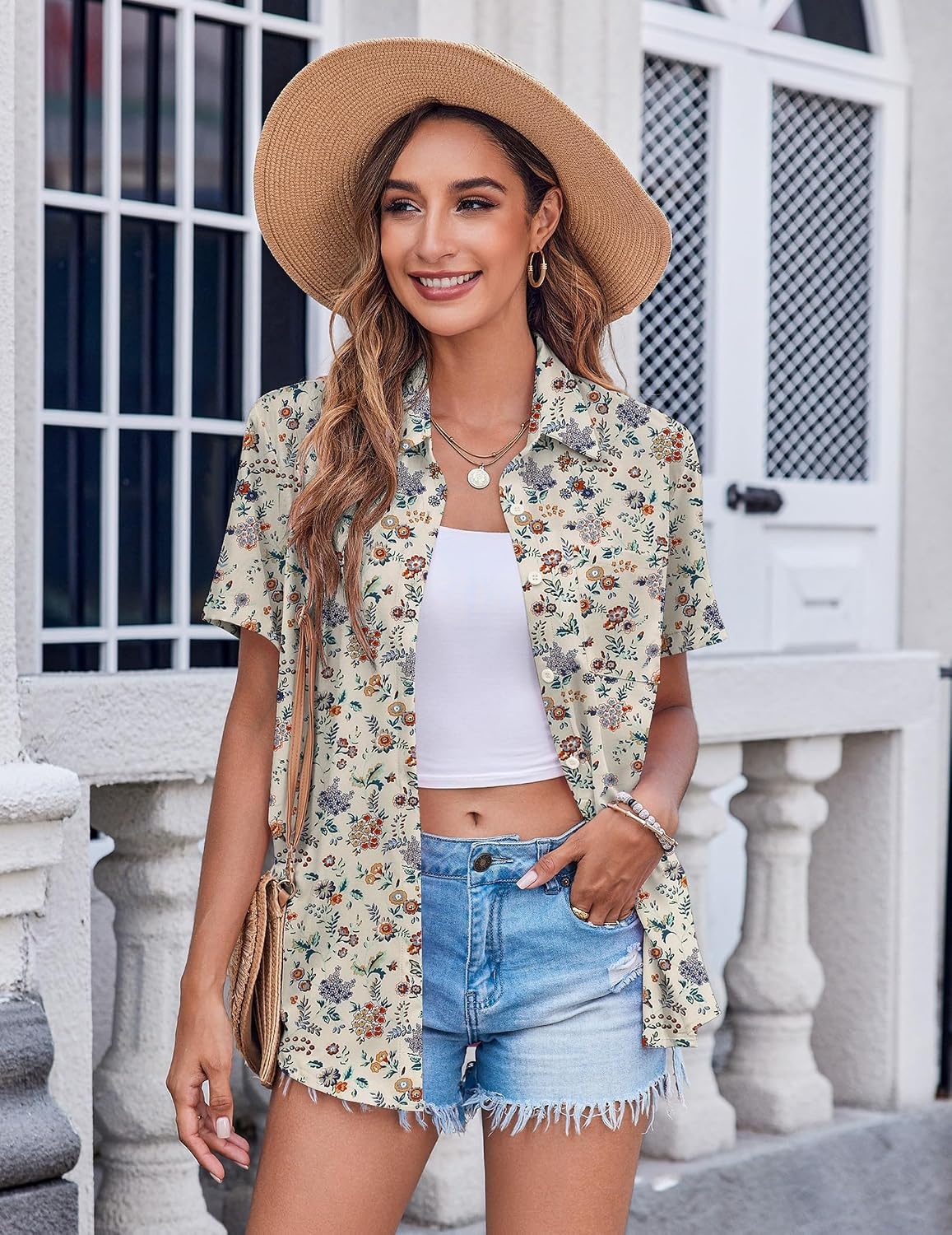 image:imageZeagoo Womens Button Down Shirt Bust Pocket Short Sleeve Blouses Summer TopXh51