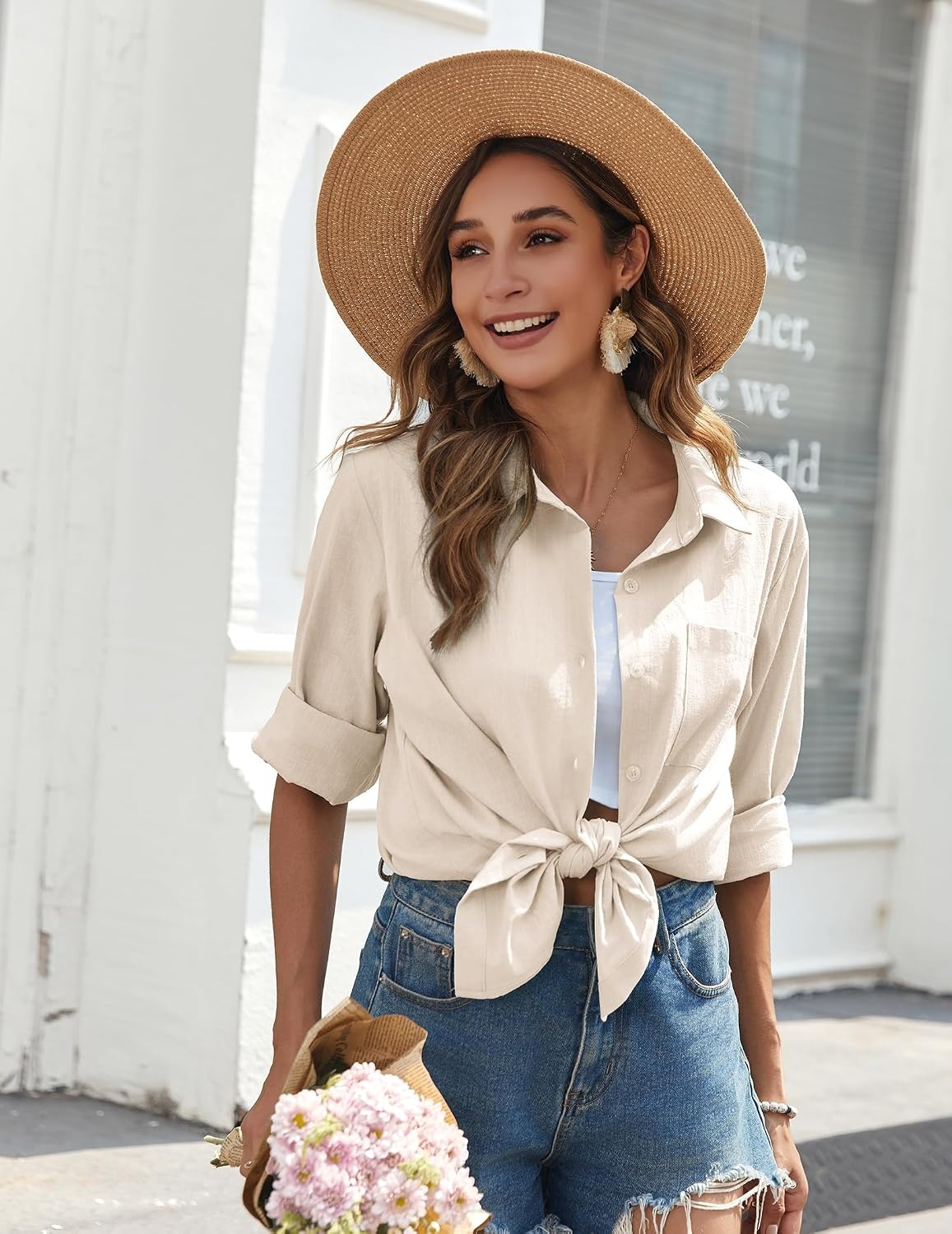 image:imageZeagoo Womens Button Down Shirts Long Sleeve Casual Cotton Gauze TopsKhaki