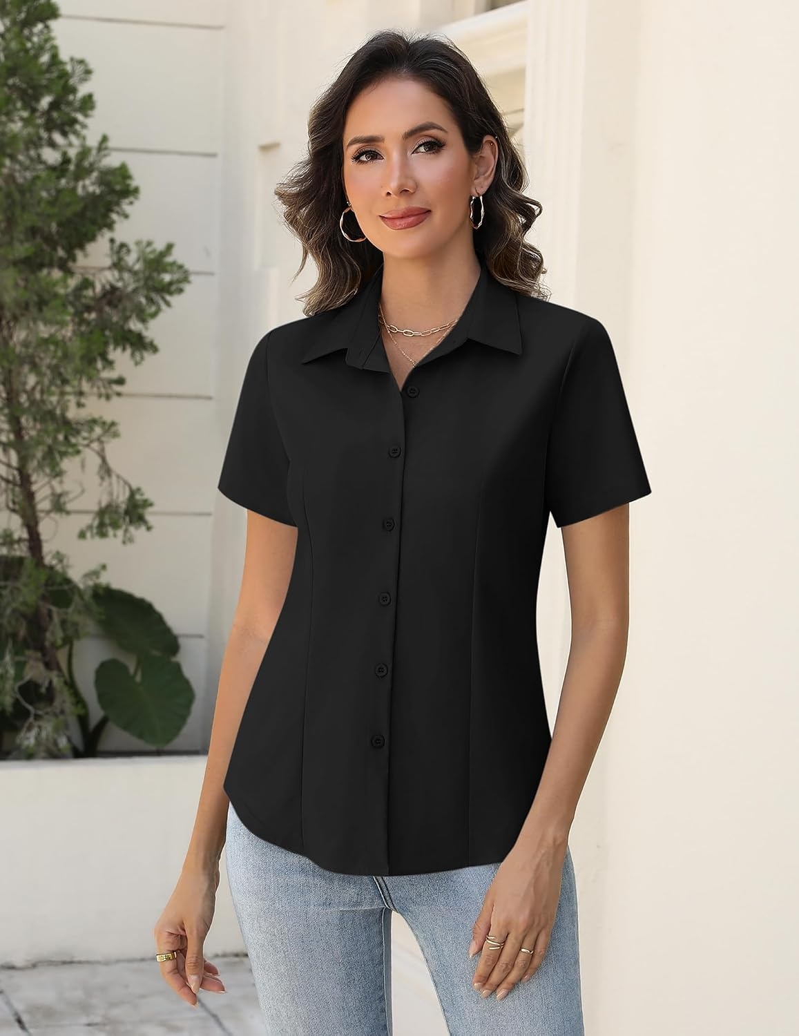 image:imageZeagoo Womens Button Down Shirts Short Sleeve Dress Shirts Business TopsBlack