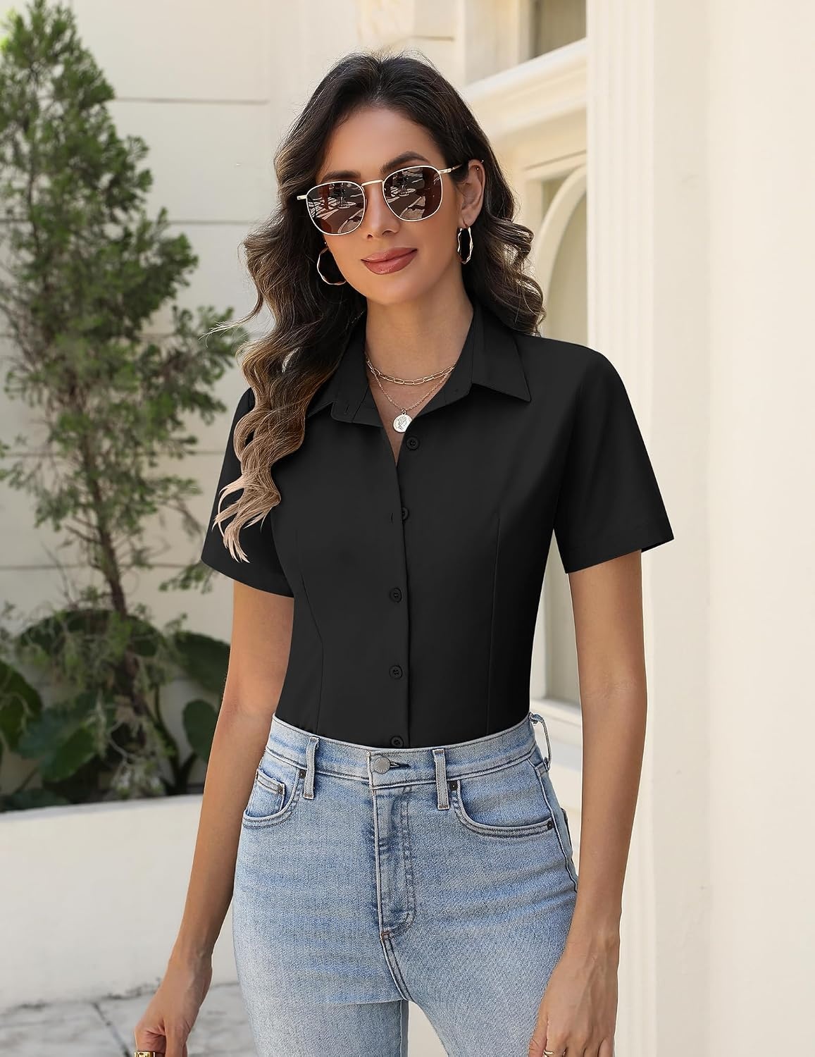 image:imageZeagoo Womens Button Down Shirts Short Sleeve Dress Shirts Business TopsBlack