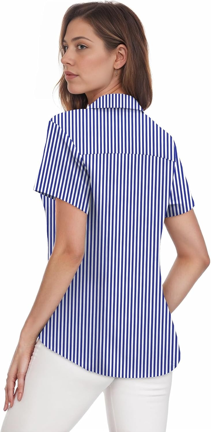 image:imageZeagoo Womens Button Down Shirts Short Sleeve Dress Shirts Business TopsBlue White Stripe