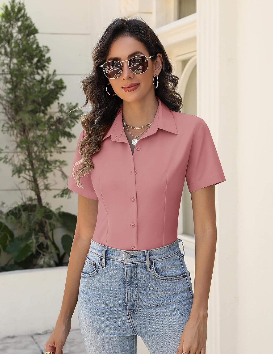 image:imageZeagoo Womens Button Down Shirts Short Sleeve Dress Shirts Business TopsDark Pink