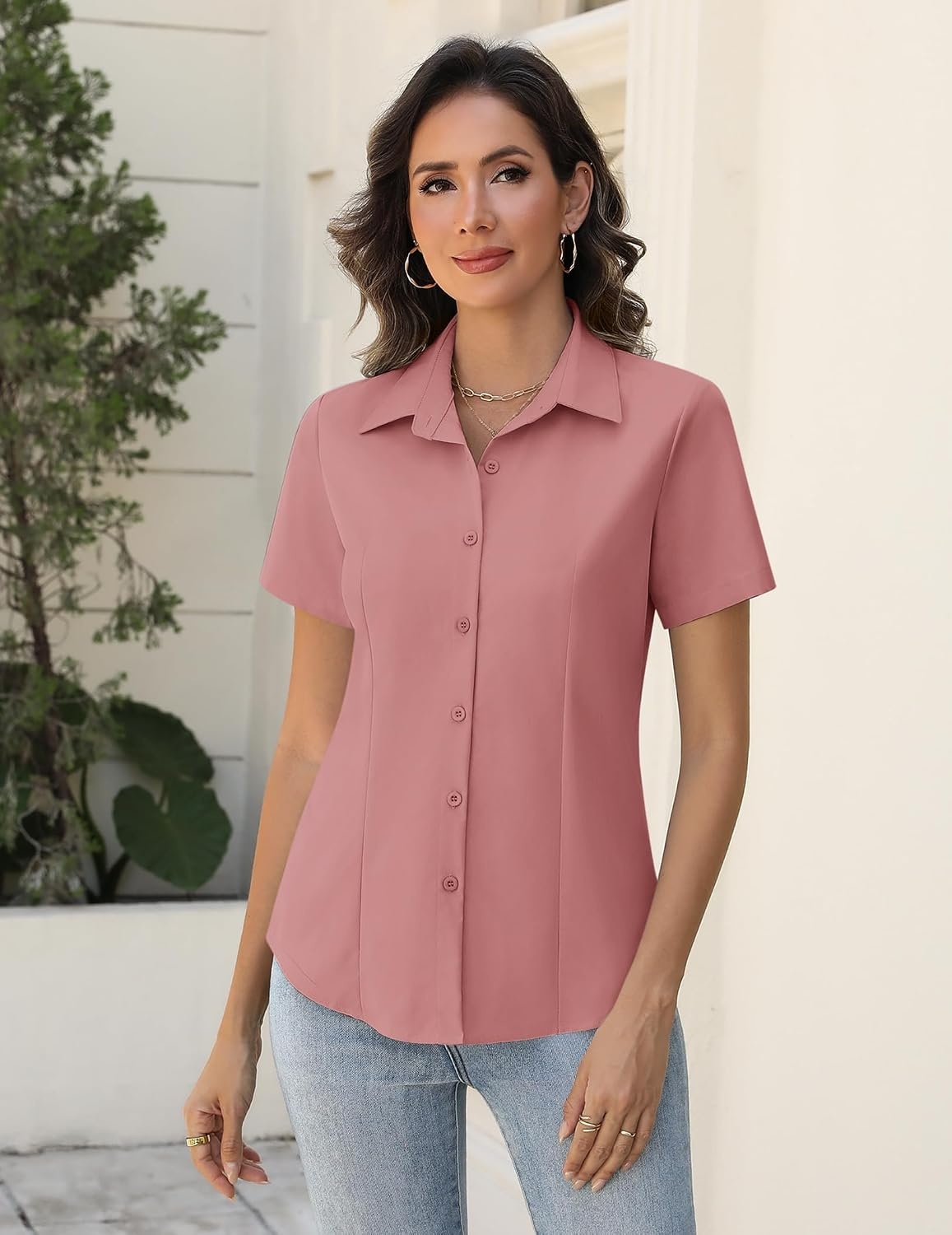 image:imageZeagoo Womens Button Down Shirts Short Sleeve Dress Shirts Business TopsDark Pink