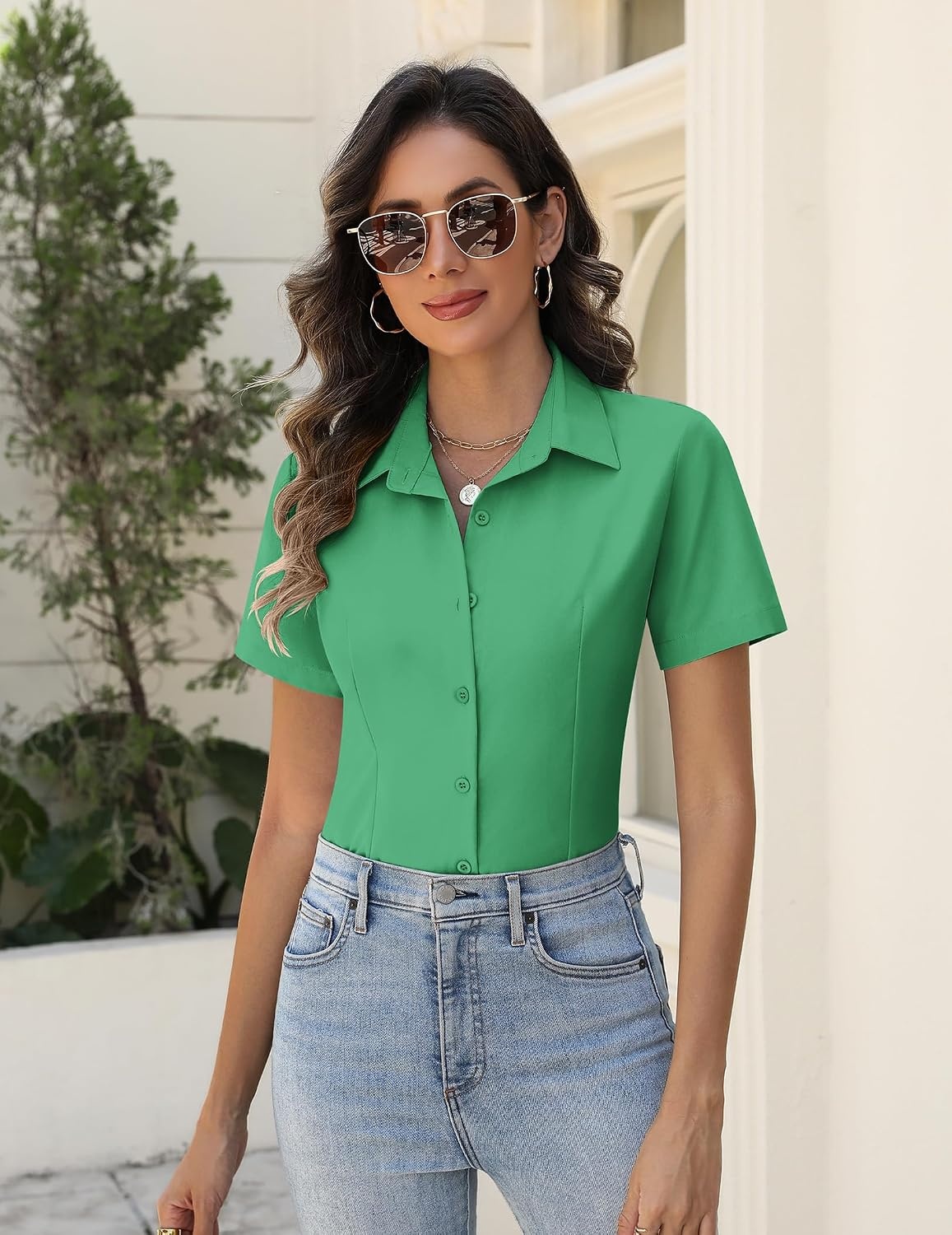 image:imageZeagoo Womens Button Down Shirts Short Sleeve Dress Shirts Business TopsGreen