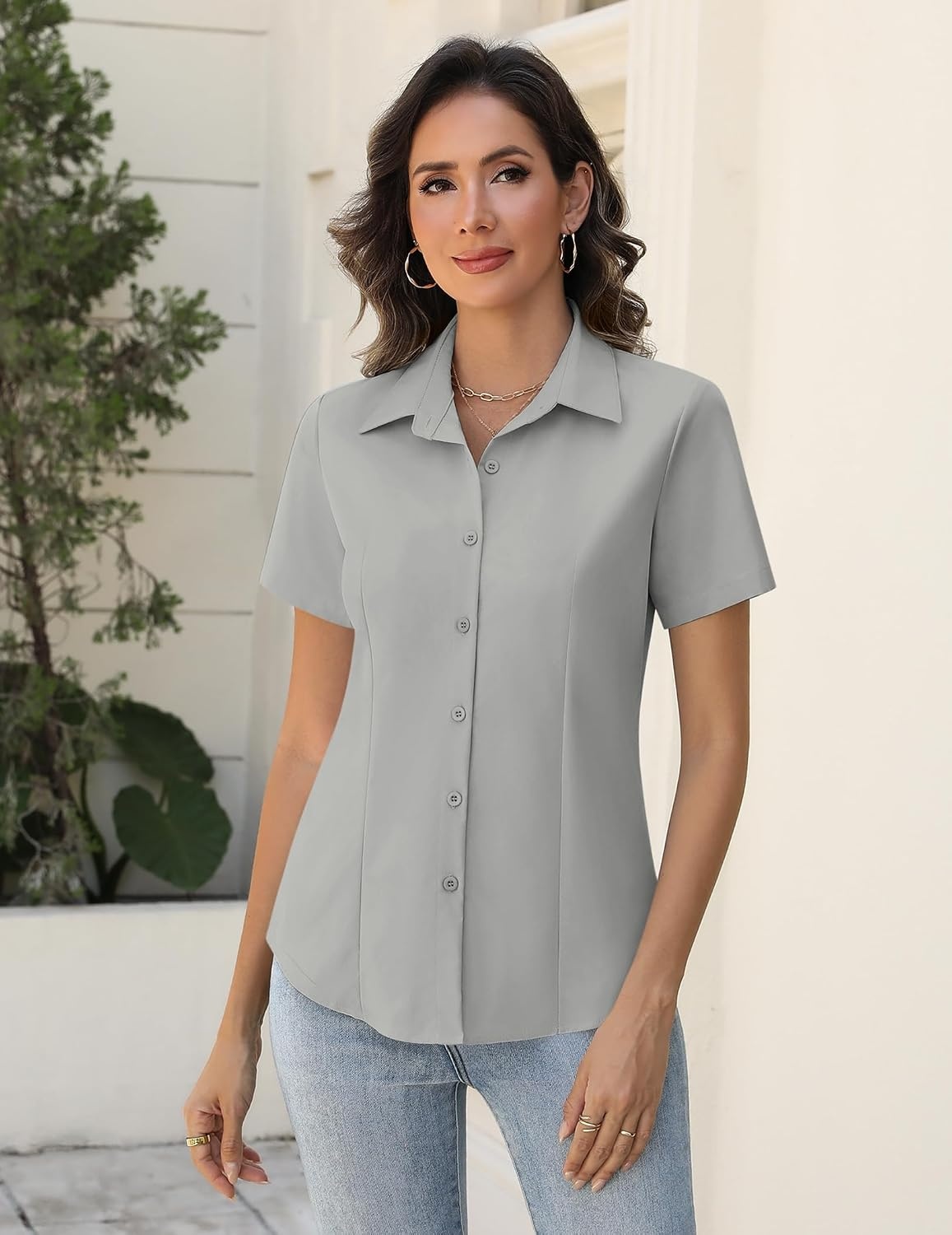 image:imageZeagoo Womens Button Down Shirts Short Sleeve Dress Shirts Business TopsGrey