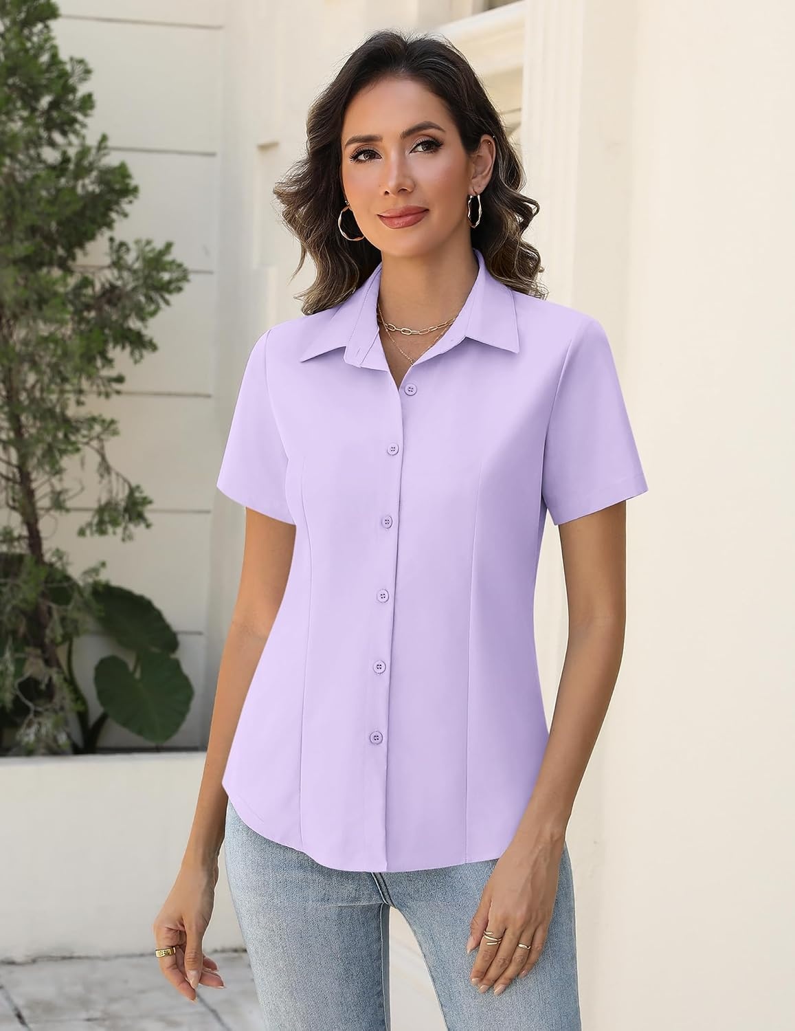 image:imageZeagoo Womens Button Down Shirts Short Sleeve Dress Shirts Business TopsLilac