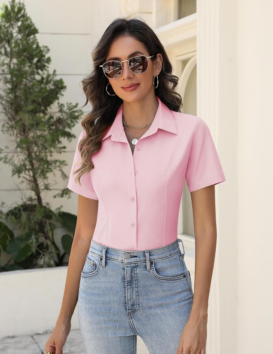 image:imageZeagoo Womens Button Down Shirts Short Sleeve Dress Shirts Business TopsPink