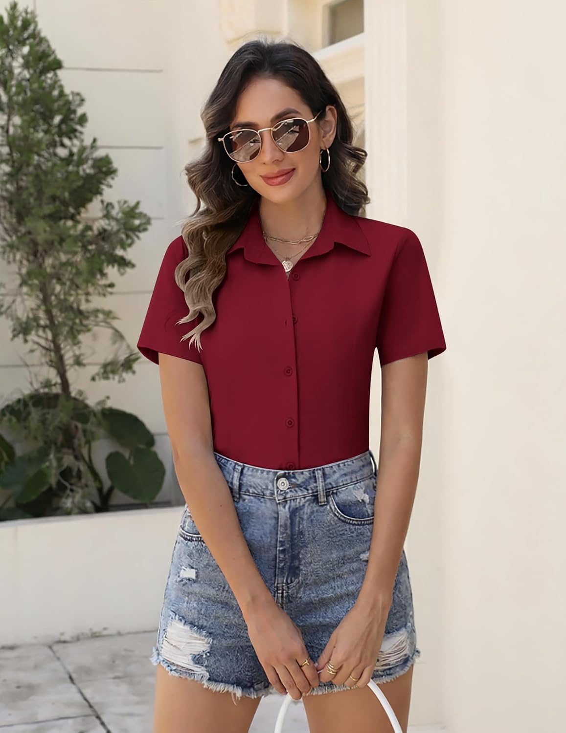 image:imageZeagoo Womens Button Down Shirts Short Sleeve Dress Shirts Business TopsRed