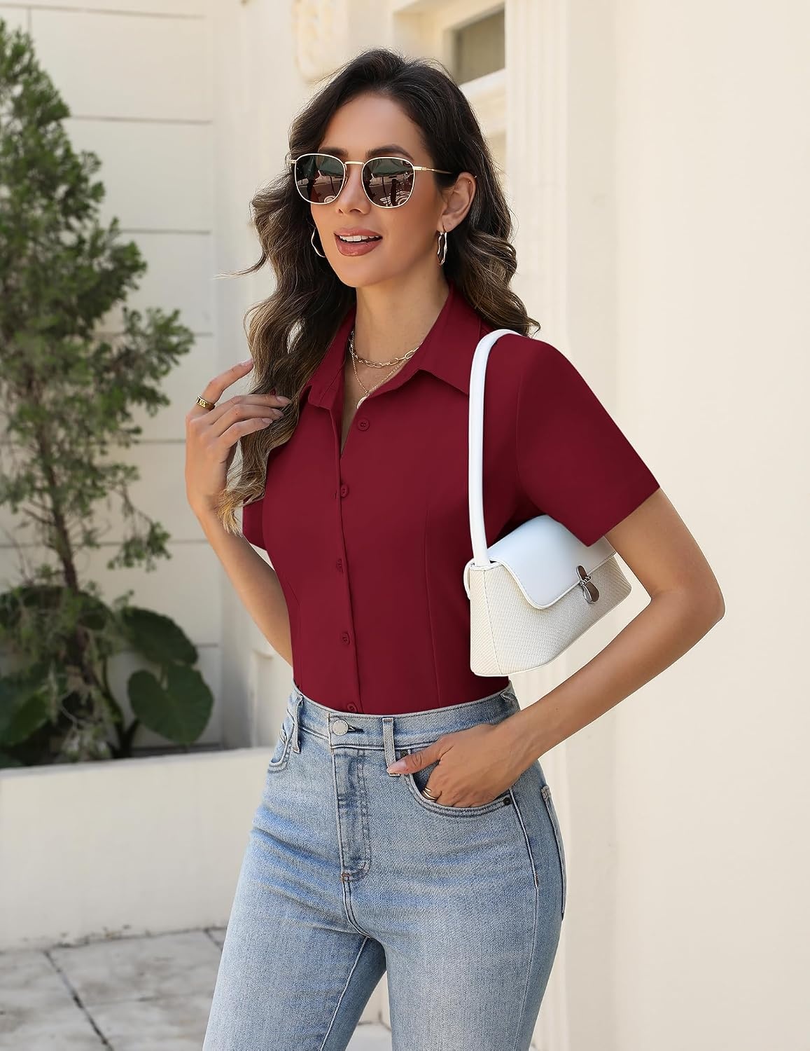 image:imageZeagoo Womens Button Down Shirts Short Sleeve Dress Shirts Business TopsRed