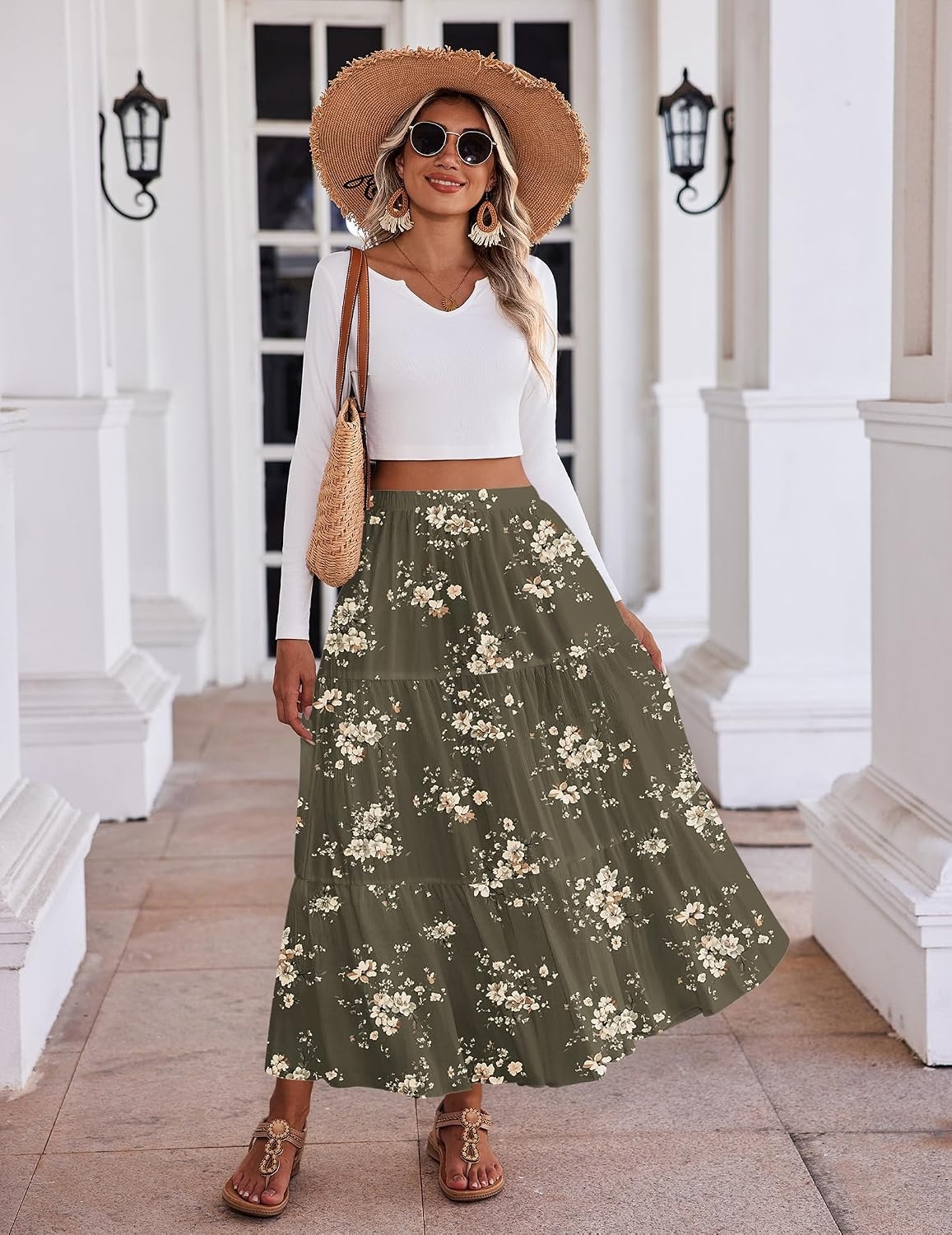 image:imageZeagoo Womens Chiffon Elastic High Waist Pleated Maxi Skirt with PocketsBf387
