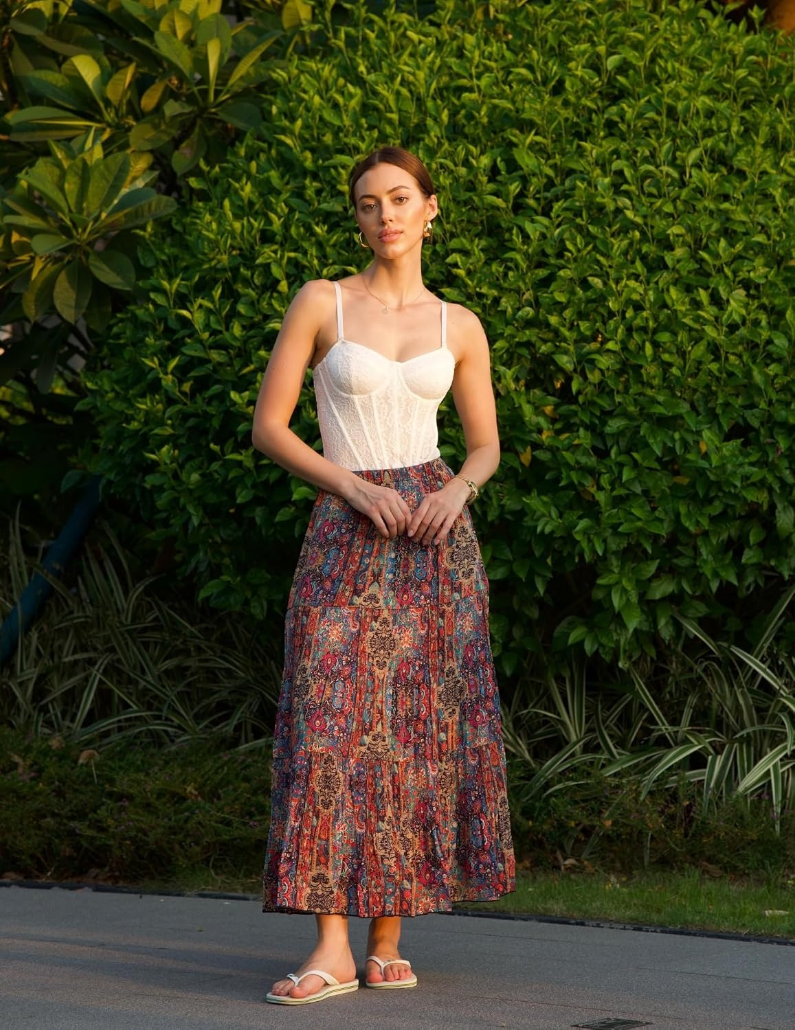 image:imageZeagoo Womens Chiffon Elastic High Waist Pleated Maxi Skirt with PocketsMz721