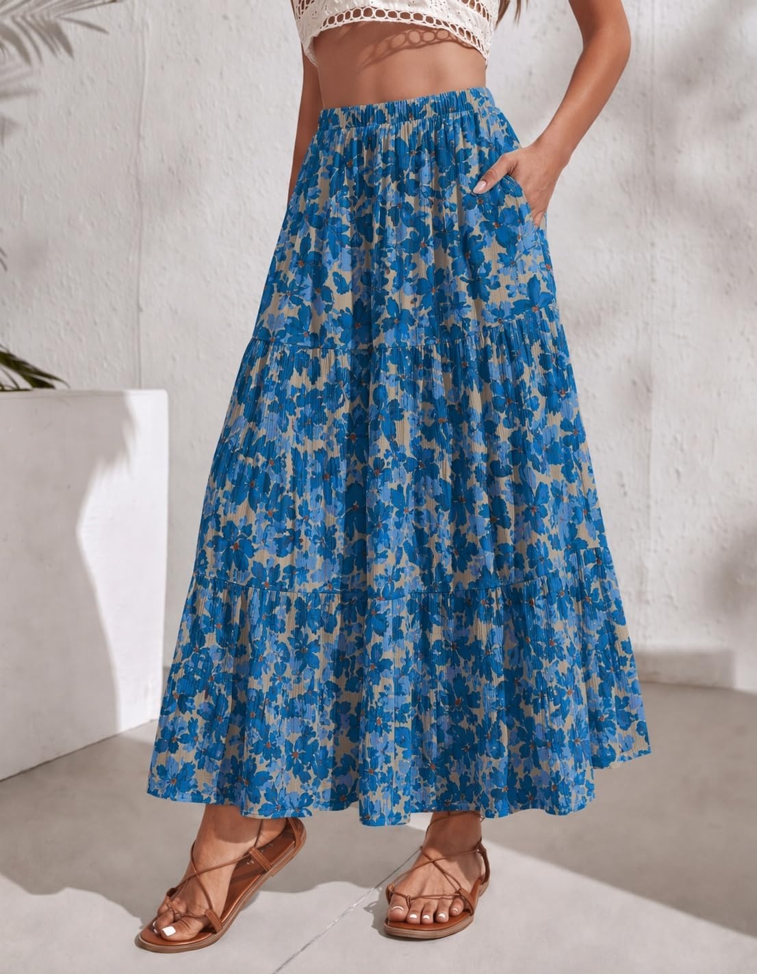 image:imageZeagoo Womens Chiffon Elastic High Waist Pleated Maxi Skirt with PocketsWf164