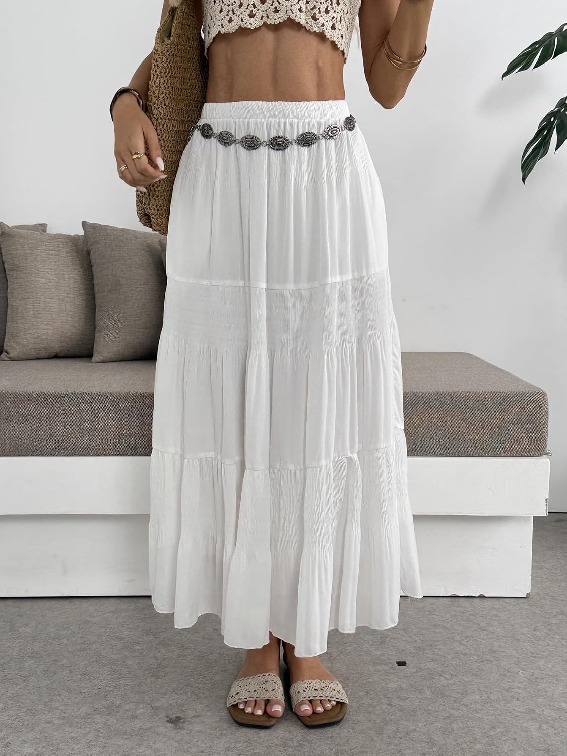image:imageZeagoo Womens Chiffon Elastic High Waist Pleated Maxi Skirt with PocketsWhite
