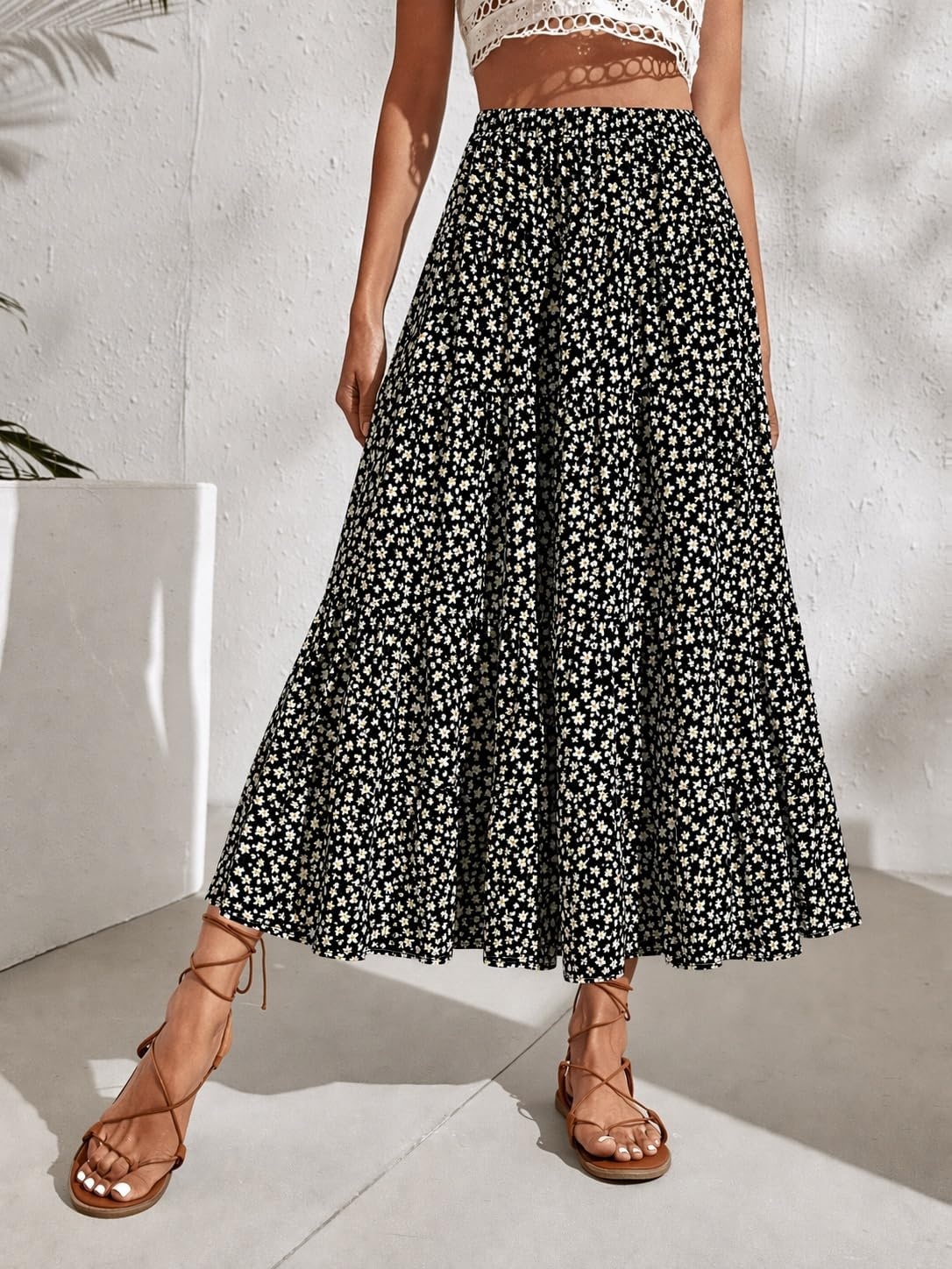 image:imageZeagoo Womens Chiffon Elastic High Waist Pleated Maxi Skirt with PocketsXh581