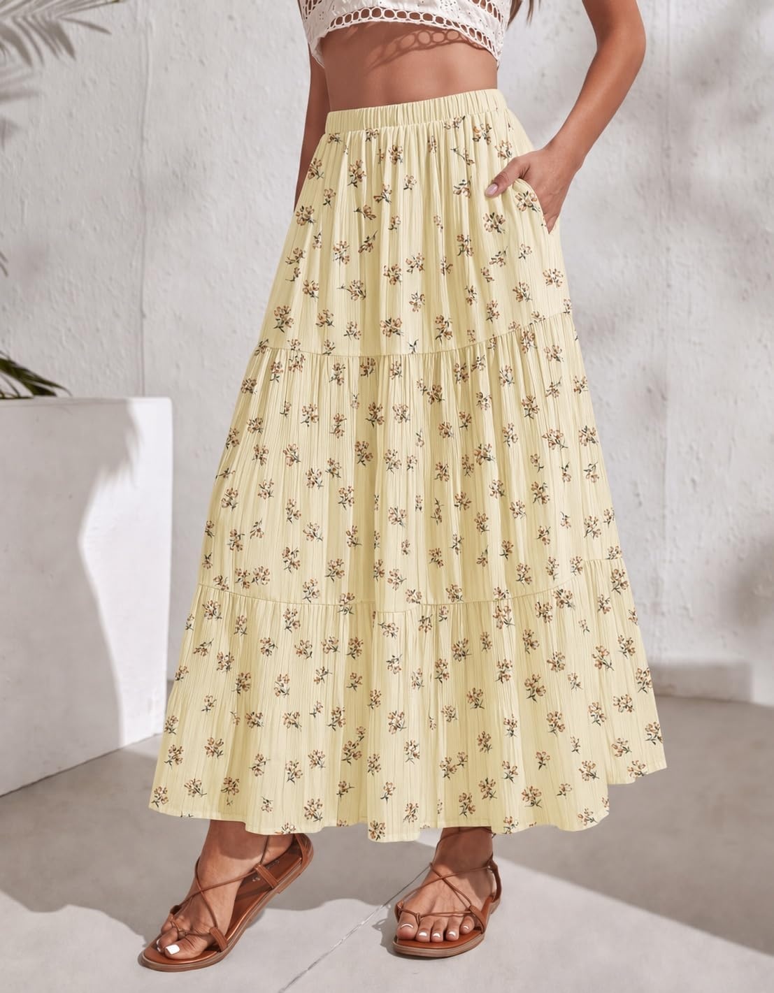 image:imageZeagoo Womens Chiffon Elastic High Waist Pleated Maxi Skirt with PocketsXh582