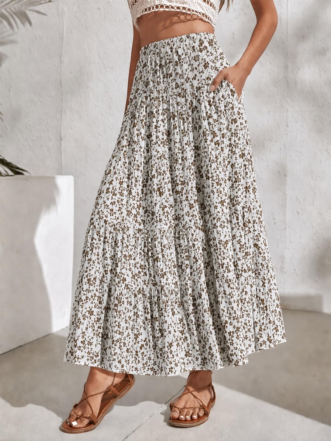 image:imageZeagoo Womens Chiffon Elastic High Waist Pleated Maxi Skirt with PocketsXh583