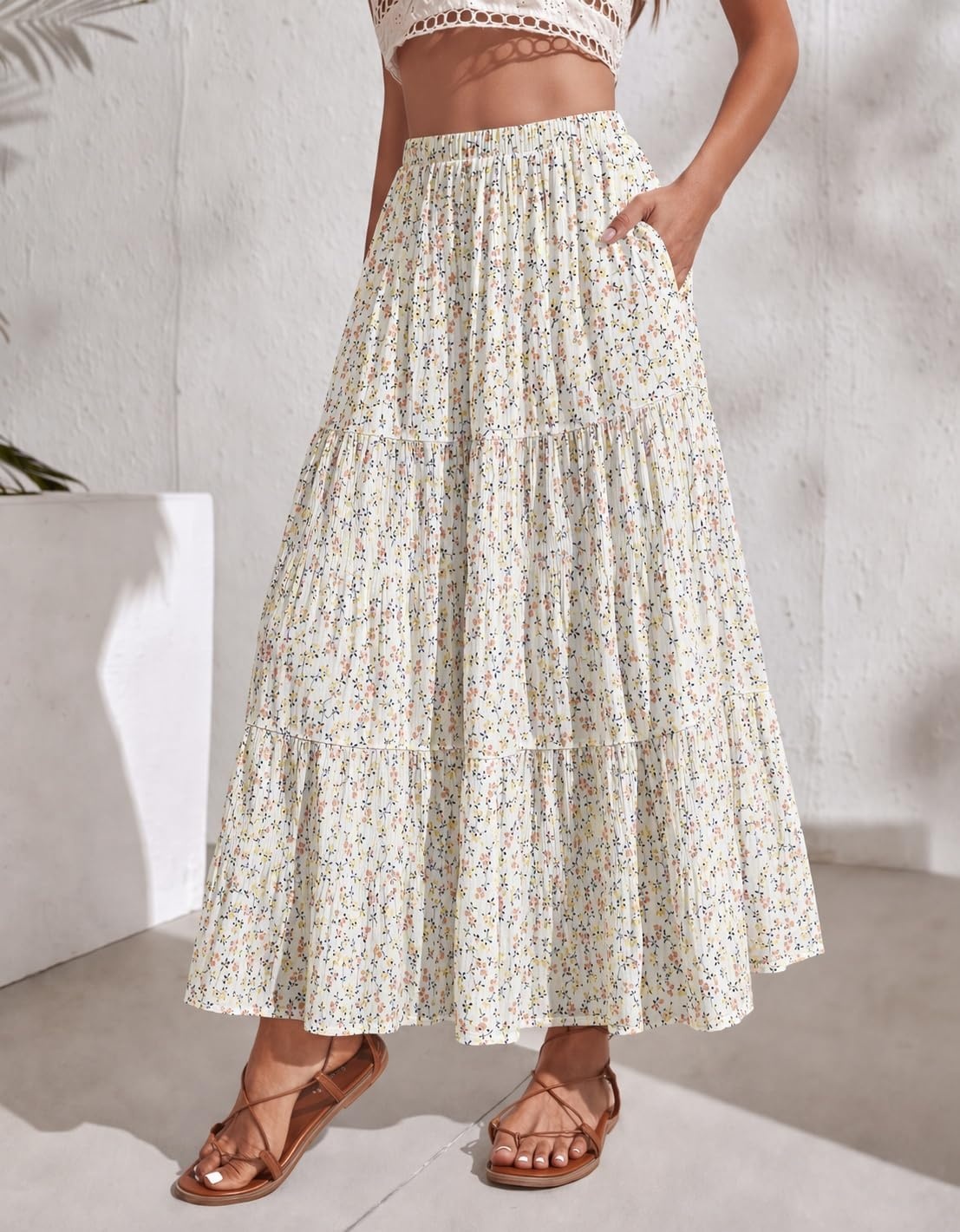 image:imageZeagoo Womens Chiffon Elastic High Waist Pleated Maxi Skirt with PocketsXh584