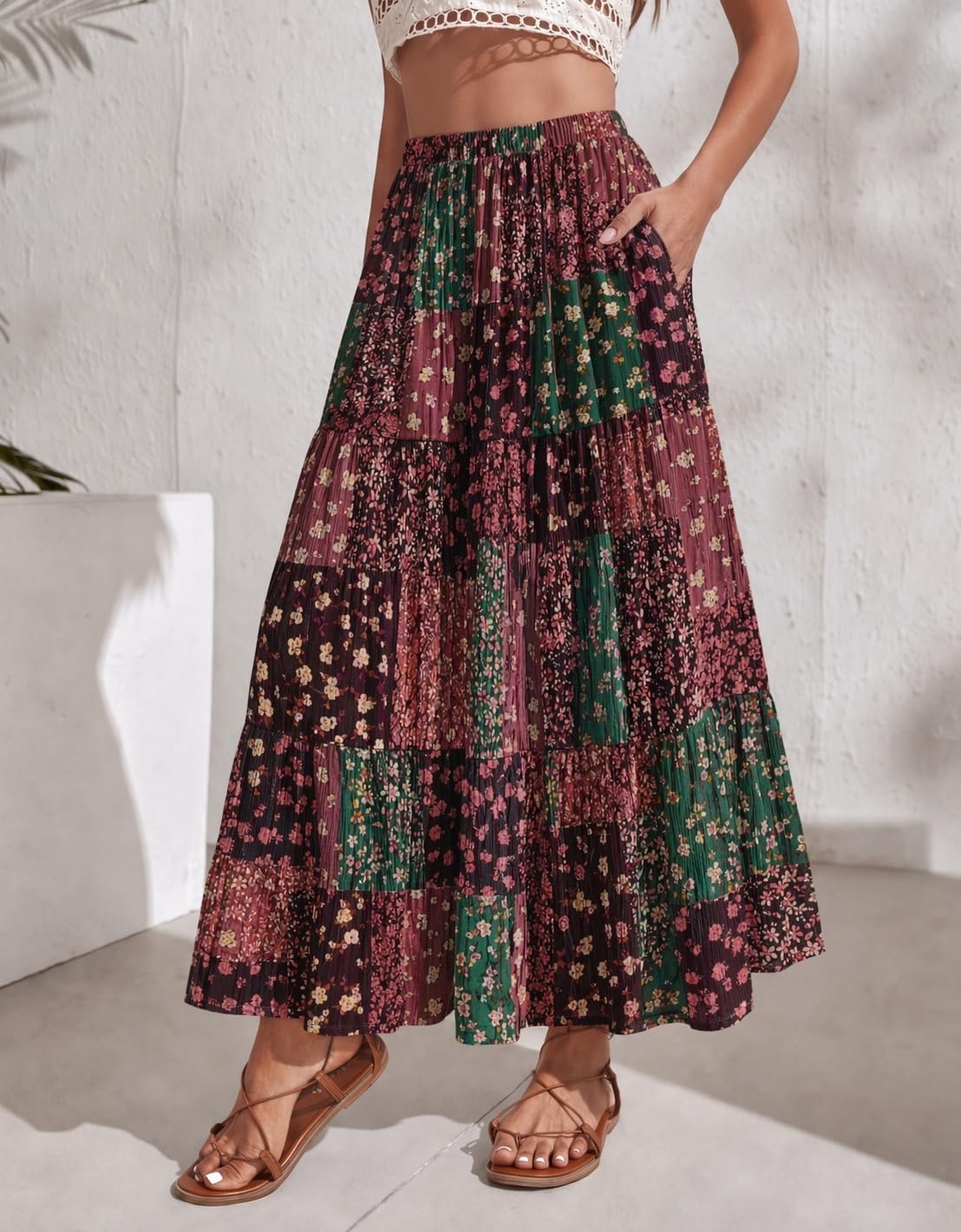 image:imageZeagoo Womens Chiffon Elastic High Waist Pleated Maxi Skirt with PocketsXh585