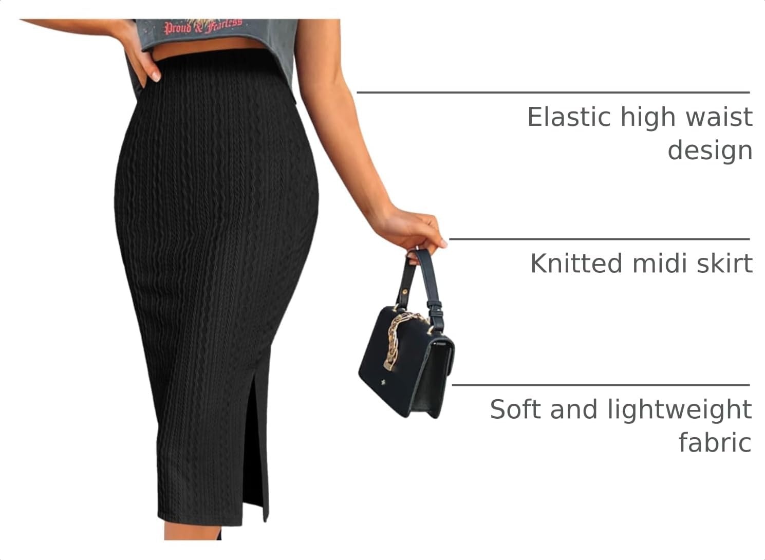 image:imageZeagoo Womens Knit Midi Skirts Casual Pencil Skirt High Waisted Long Skirt with Slit Elegant Work Office SkirtsBlack