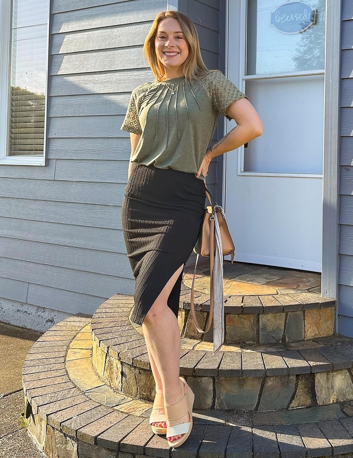 image:imageZeagoo Womens Knit Midi Skirts Casual Pencil Skirt High Waisted Long Skirt with Slit Elegant Work Office SkirtsBlack