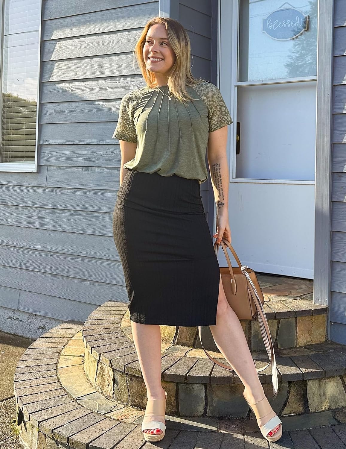 image:imageZeagoo Womens Knit Midi Skirts Casual Pencil Skirt High Waisted Long Skirt with Slit Elegant Work Office SkirtsBlack
