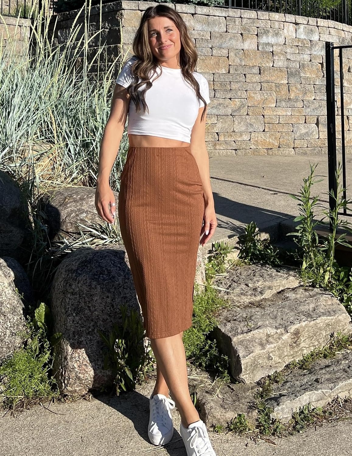 image:imageZeagoo Womens Knit Midi Skirts Casual Pencil Skirt High Waisted Long Skirt with Slit Elegant Work Office SkirtsBrown