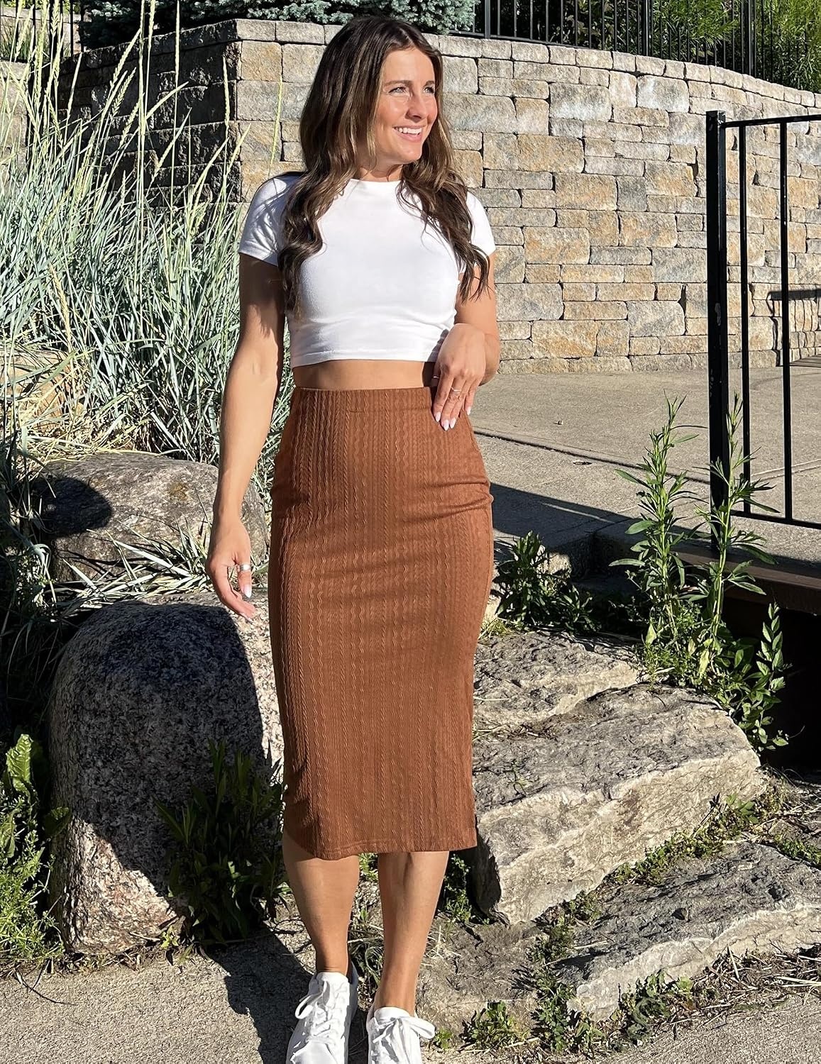 image:imageZeagoo Womens Knit Midi Skirts Casual Pencil Skirt High Waisted Long Skirt with Slit Elegant Work Office SkirtsBrown