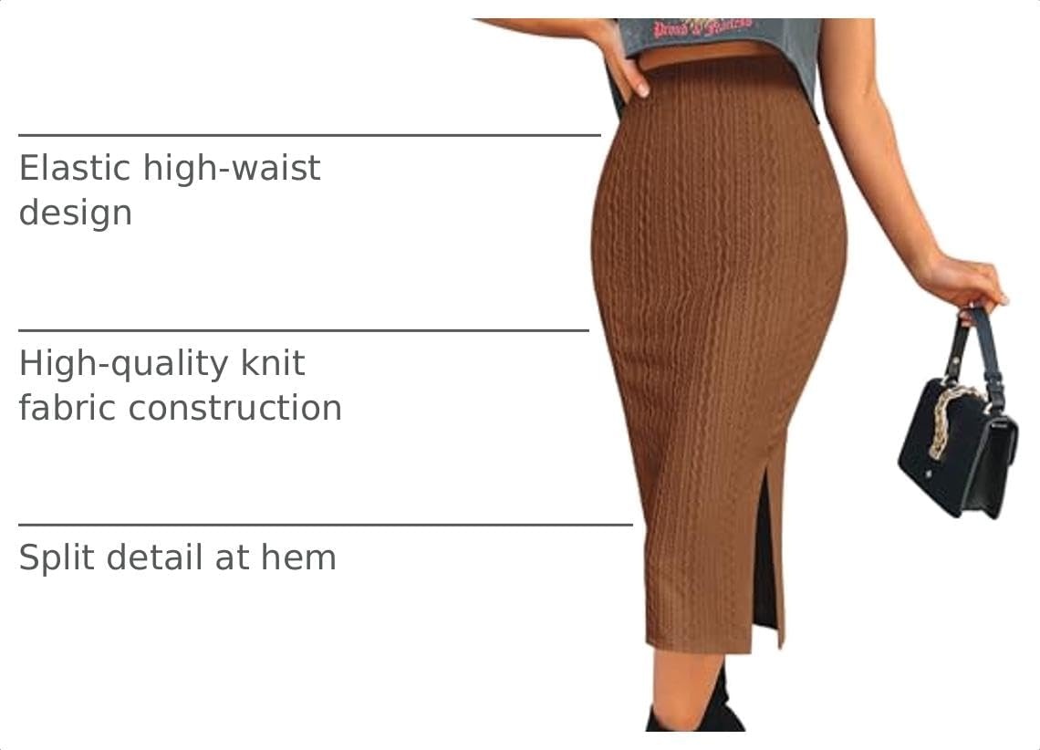 image:imageZeagoo Womens Knit Midi Skirts Casual Pencil Skirt High Waisted Long Skirt with Slit Elegant Work Office SkirtsBrown