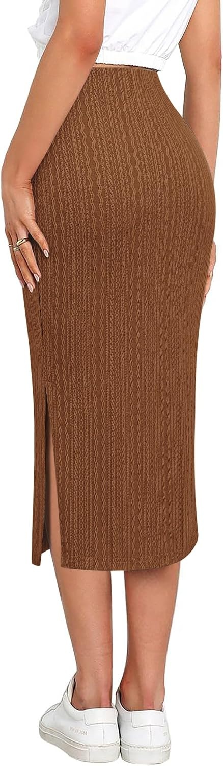 image:imageZeagoo Womens Knit Midi Skirts Casual Pencil Skirt High Waisted Long Skirt with Slit Elegant Work Office SkirtsBrown