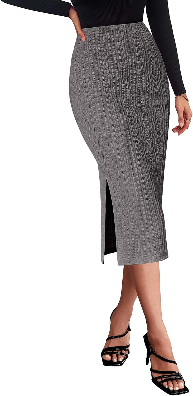 image:imageZeagoo Womens Knit Midi Skirts Casual Pencil Skirt High Waisted Long Skirt with Slit Elegant Work Office SkirtsDark Gray