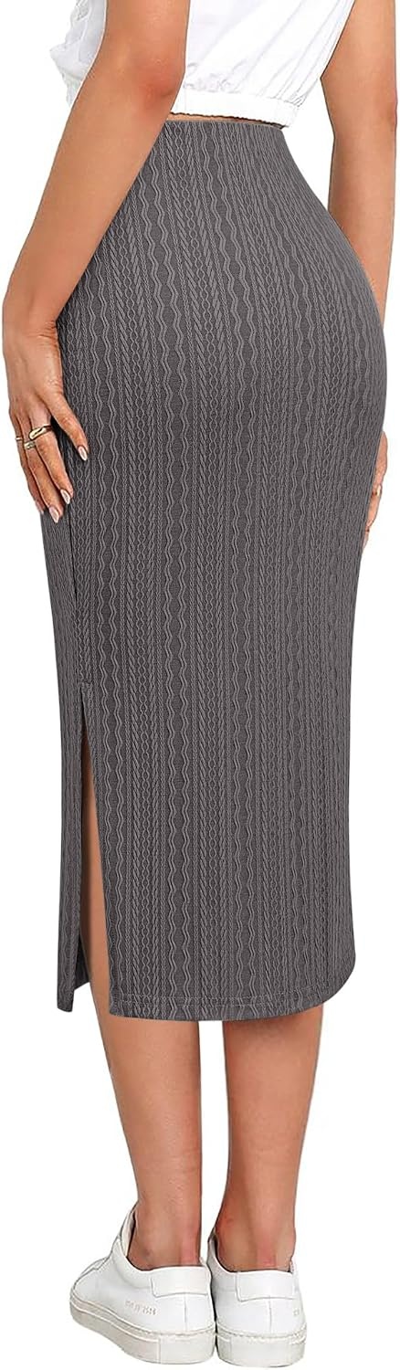 image:imageZeagoo Womens Knit Midi Skirts Casual Pencil Skirt High Waisted Long Skirt with Slit Elegant Work Office SkirtsDark Gray