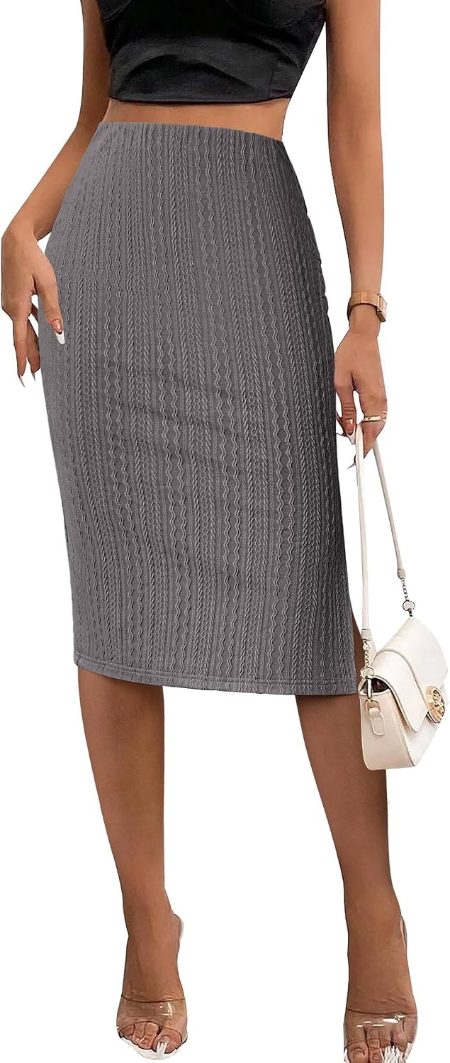 image:imageZeagoo Womens Knit Midi Skirts Casual Pencil Skirt High Waisted Long Skirt with Slit Elegant Work Office SkirtsDark Gray