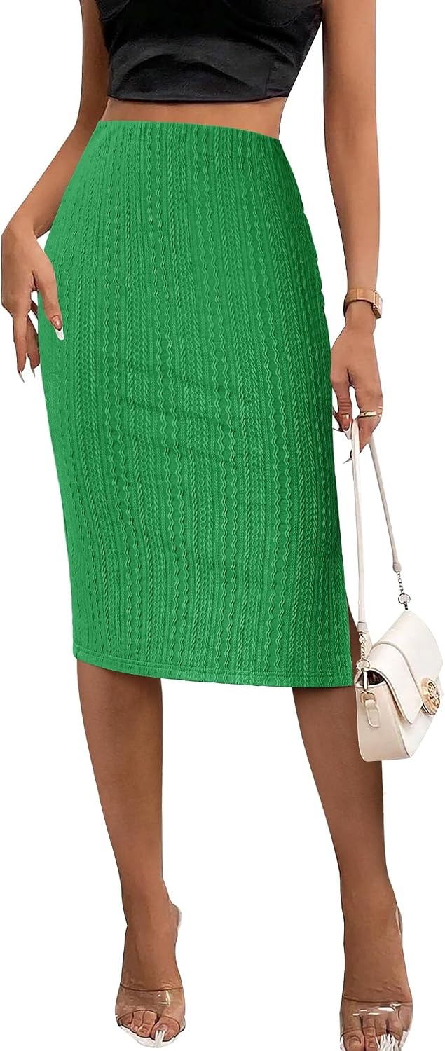 image:imageZeagoo Womens Knit Midi Skirts Casual Pencil Skirt High Waisted Long Skirt with Slit Elegant Work Office SkirtsLight Green