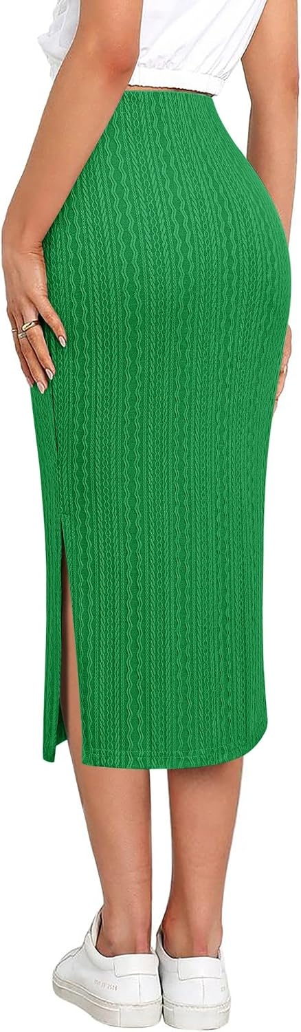 image:imageZeagoo Womens Knit Midi Skirts Casual Pencil Skirt High Waisted Long Skirt with Slit Elegant Work Office SkirtsLight Green