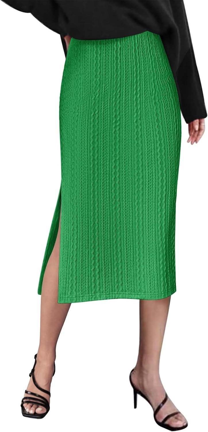 image:imageZeagoo Womens Knit Midi Skirts Casual Pencil Skirt High Waisted Long Skirt with Slit Elegant Work Office SkirtsLight Green