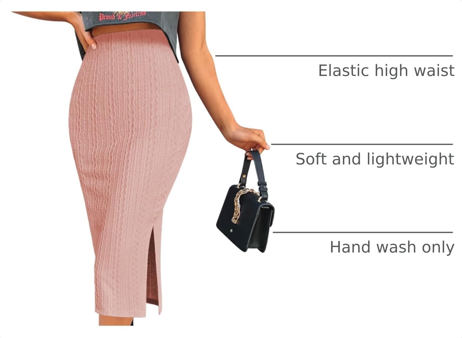 image:imageZeagoo Womens Knit Midi Skirts Casual Pencil Skirt High Waisted Long Skirt with Slit Elegant Work Office SkirtsRose Pink