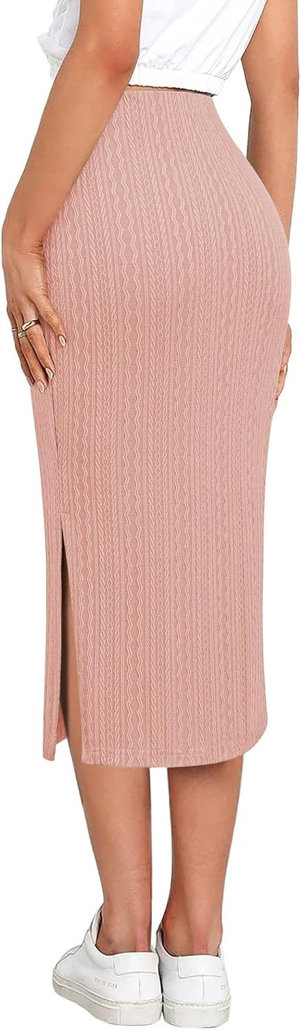 image:imageZeagoo Womens Knit Midi Skirts Casual Pencil Skirt High Waisted Long Skirt with Slit Elegant Work Office SkirtsRose Pink