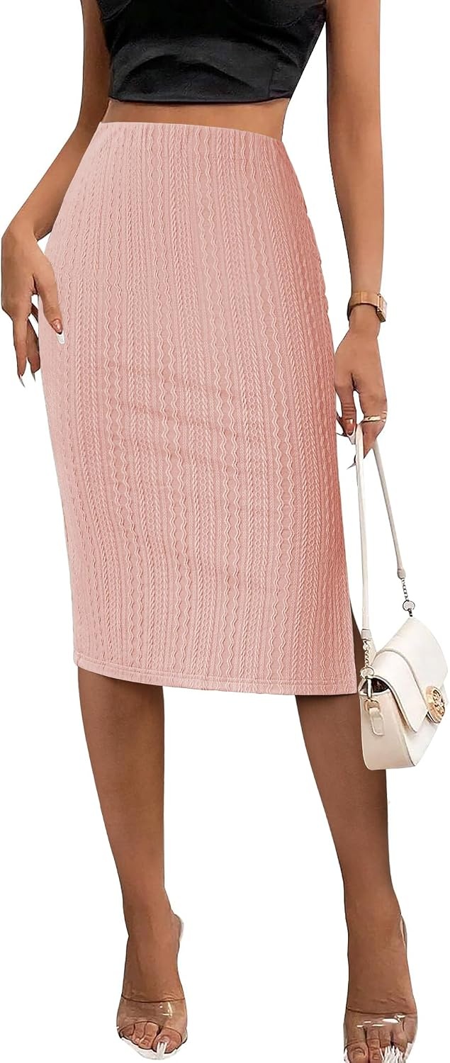 image:imageZeagoo Womens Knit Midi Skirts Casual Pencil Skirt High Waisted Long Skirt with Slit Elegant Work Office SkirtsRose Pink