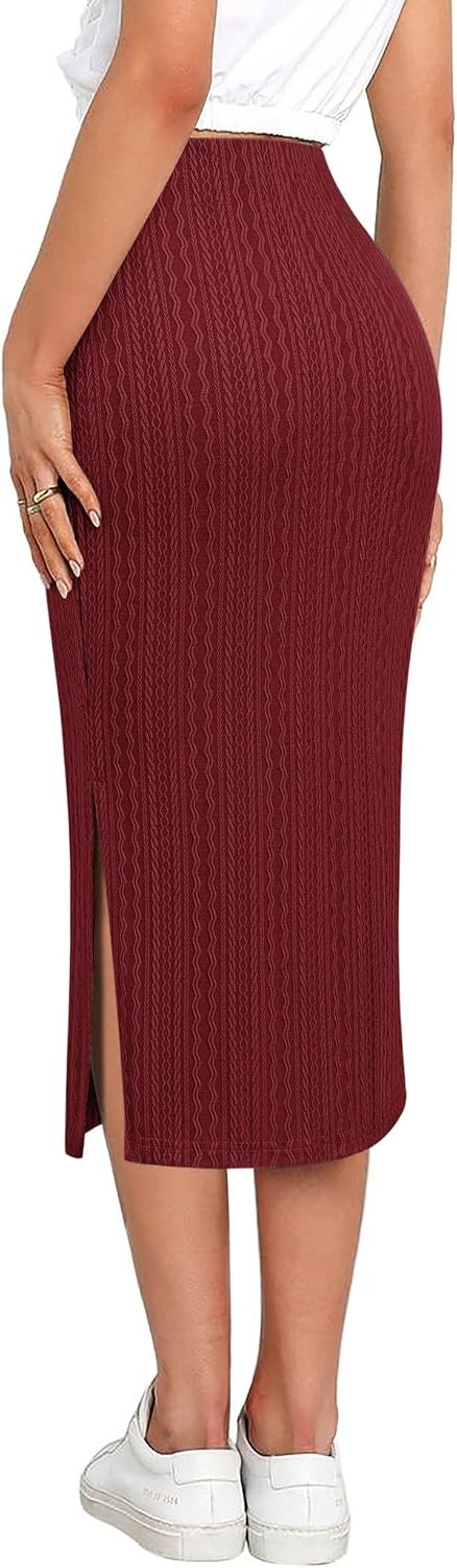 image:imageZeagoo Womens Knit Midi Skirts Casual Pencil Skirt High Waisted Long Skirt with Slit Elegant Work Office SkirtsWine Red