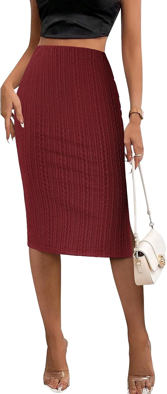 image:imageZeagoo Womens Knit Midi Skirts Casual Pencil Skirt High Waisted Long Skirt with Slit Elegant Work Office SkirtsWine Red