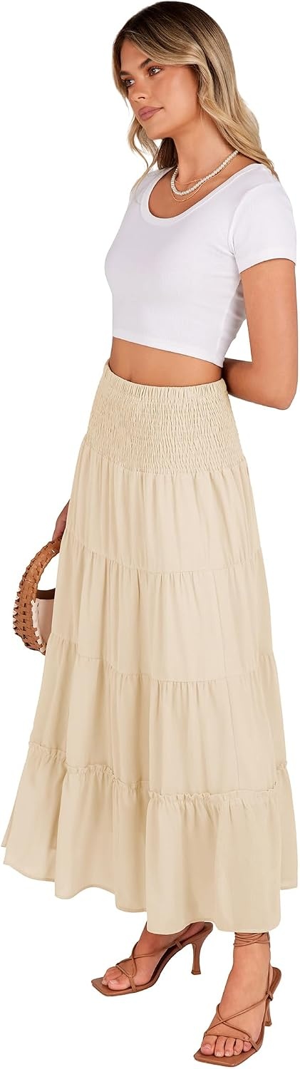 image:imageZeagoo Womens Long Maxi Skirts Tiered Elastic High Waist Boho Double Layered Print ALine Casual Midi DressBeige