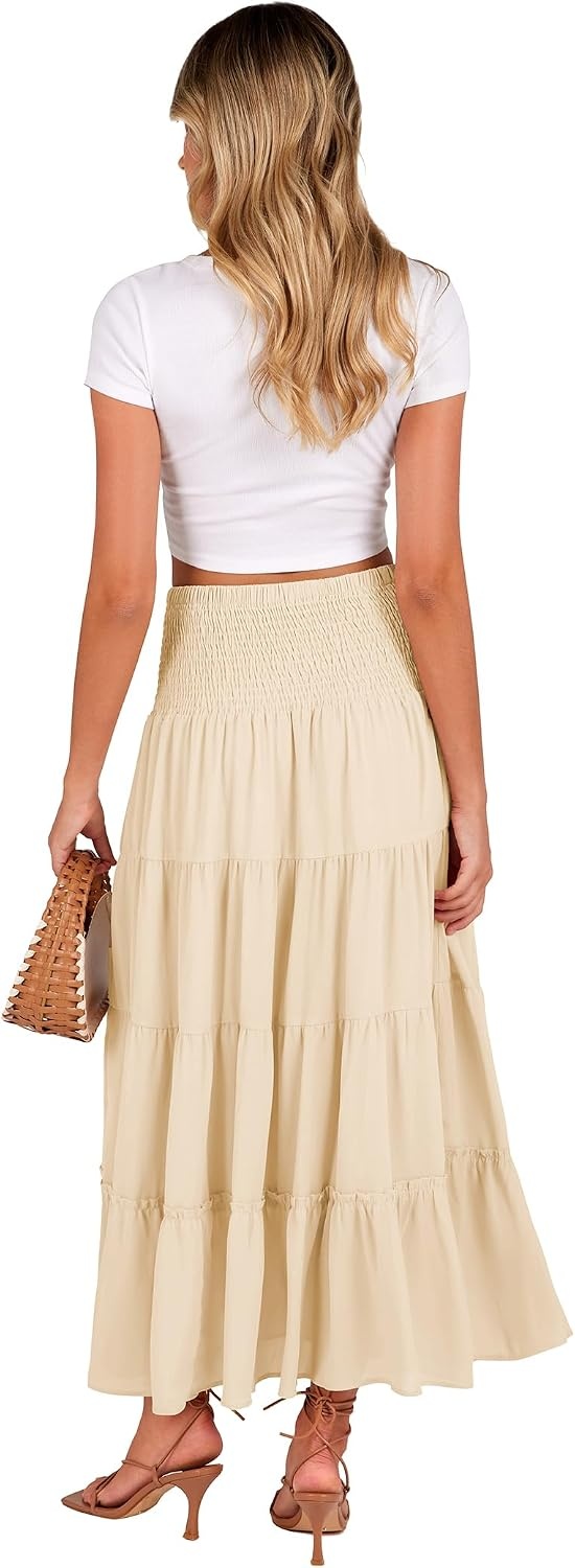 image:imageZeagoo Womens Long Maxi Skirts Tiered Elastic High Waist Boho Double Layered Print ALine Casual Midi DressBeige