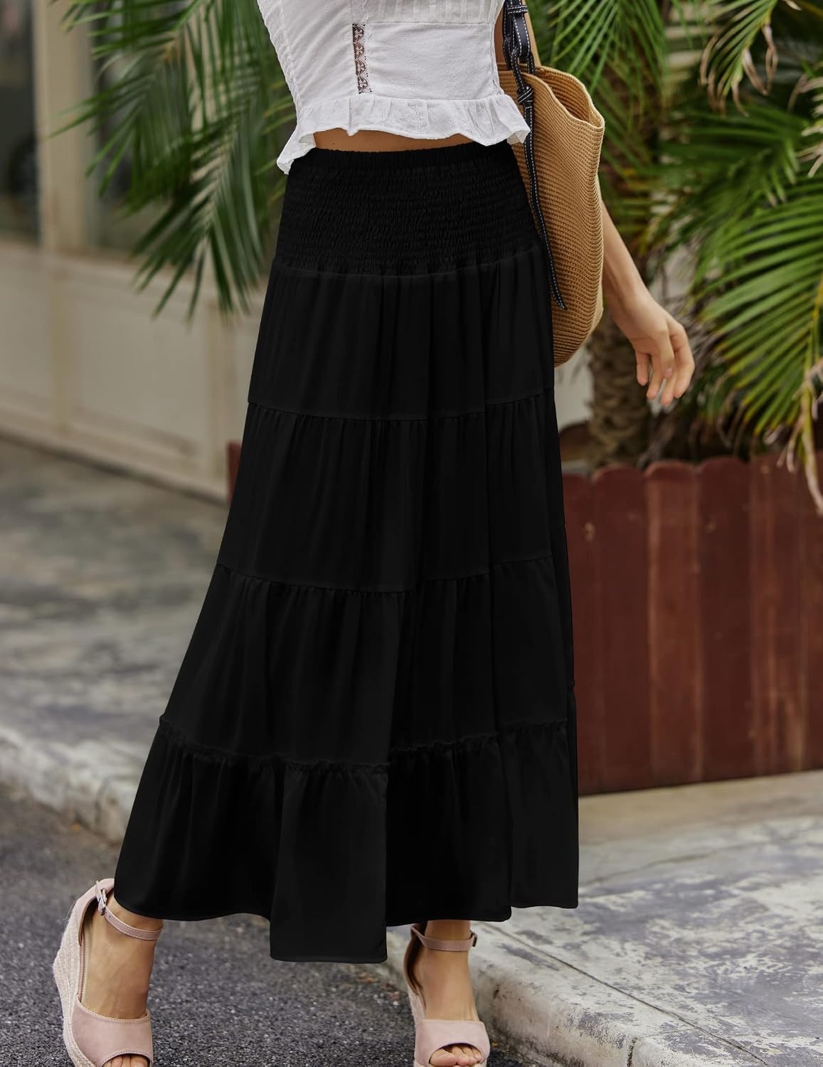 image:imageZeagoo Womens Long Maxi Skirts Tiered Elastic High Waist Boho Double Layered Print ALine Casual Midi DressBlack