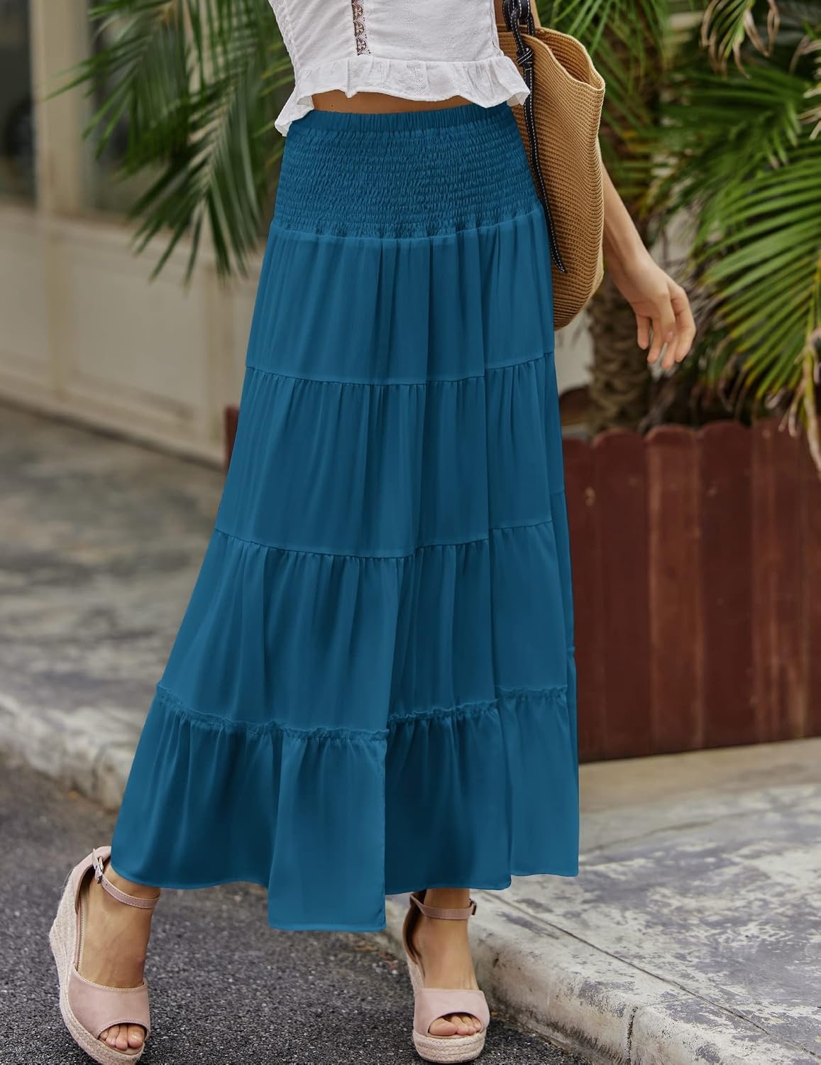 image:imageZeagoo Womens Long Maxi Skirts Tiered Elastic High Waist Boho Double Layered Print ALine Casual Midi DressLake Blue