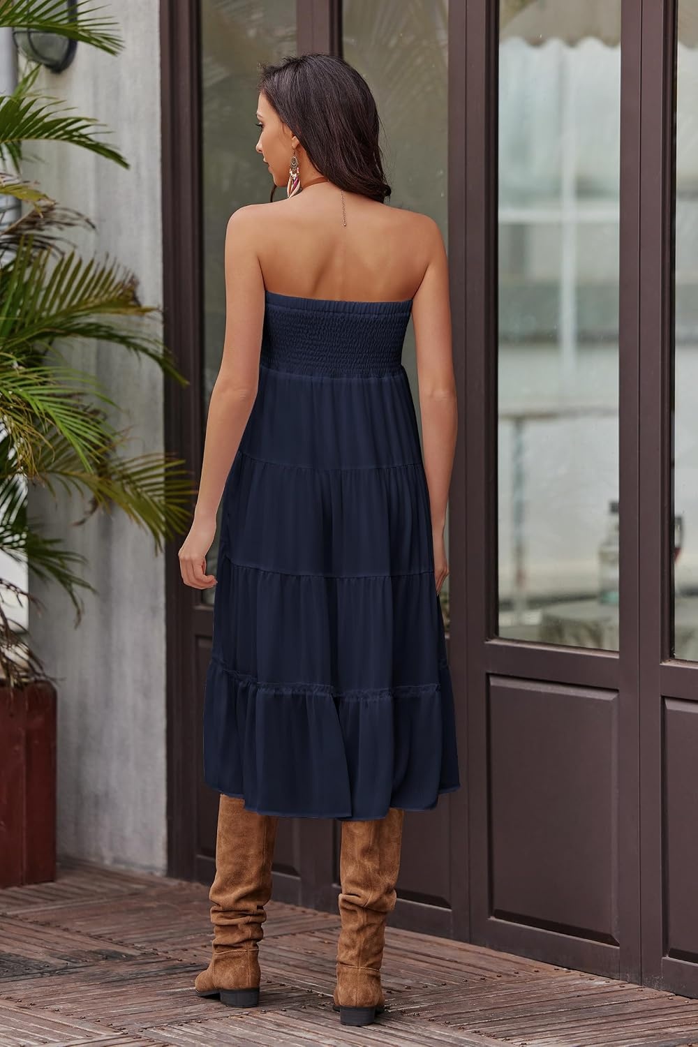 image:imageZeagoo Womens Long Maxi Skirts Tiered Elastic High Waist Boho Double Layered Print ALine Casual Midi DressNavy Blue