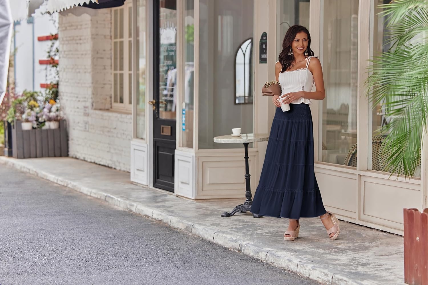 image:imageZeagoo Womens Long Maxi Skirts Tiered Elastic High Waist Boho Double Layered Print ALine Casual Midi DressNavy Blue
