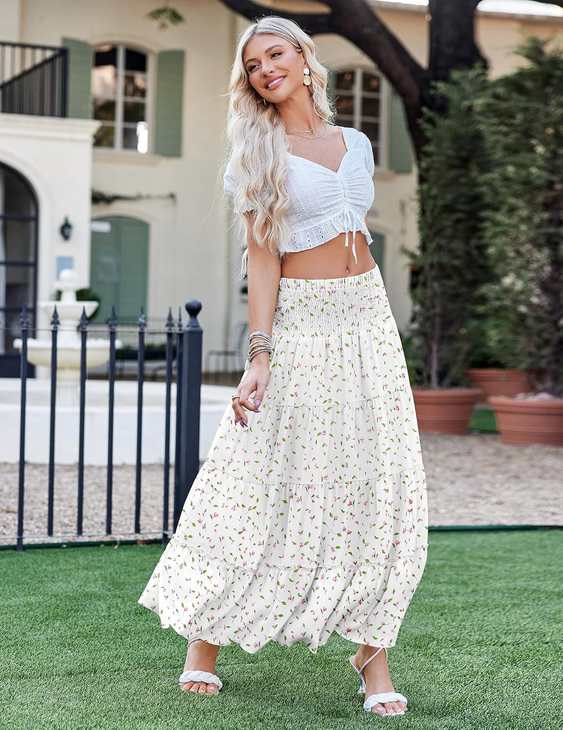 image:imageZeagoo Womens Long Maxi Skirts Tiered Elastic High Waist Boho Double Layered Print ALine Casual Midi DressPattern 3