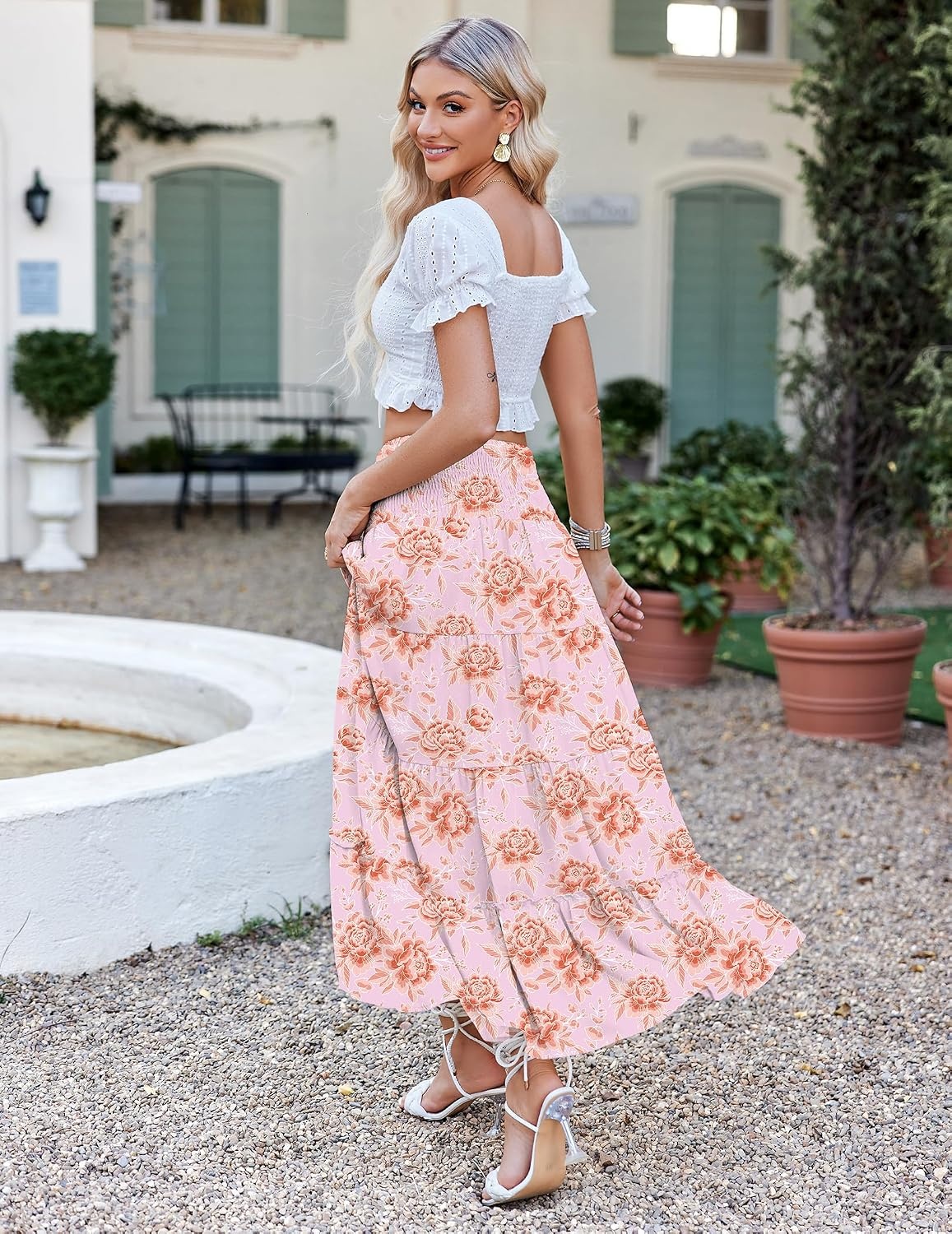 image:imageZeagoo Womens Long Maxi Skirts Tiered Elastic High Waist Boho Double Layered Print ALine Casual Midi DressPink Orange Floral